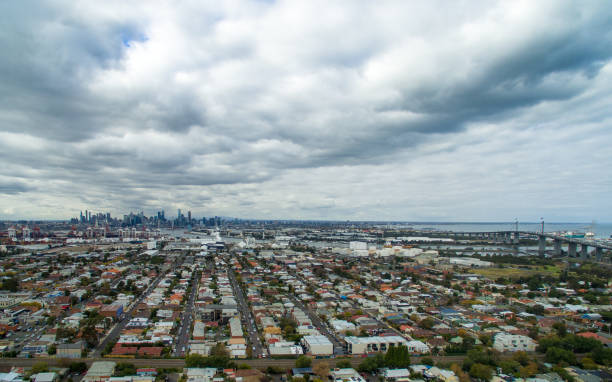 Aerial view of West Gate Bridge and Melbourne city on cloudy day stock photo