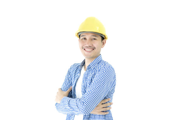 istock Business man engineer employee with blue scott shirt isolated on white background. 1051224180