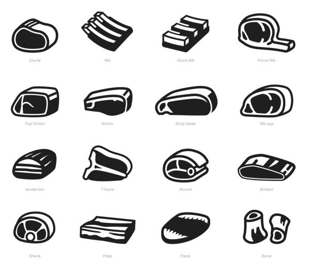 Pieces of beef and pork in general market for cooking. Pieces of beef and pork in general market for cooking(icon concept). meat icons stock illustrations