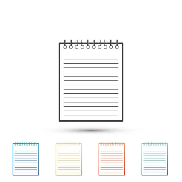 Vector illustration of Notebook icon isolated on white background. Spiral notepad icon. School notebook. Writing pad. Diary for business. Notebook cover design. Set element in colored icons. Flat design. Vector Illustration