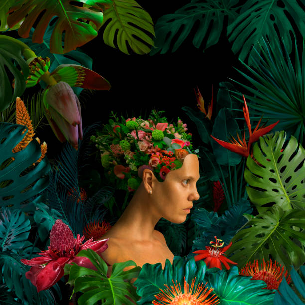 surrealistisch jungle portret - bloemenmotief fotos stockfoto's en -beelden