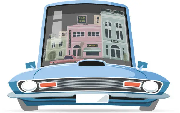 Vector illustration of American car and city reflection