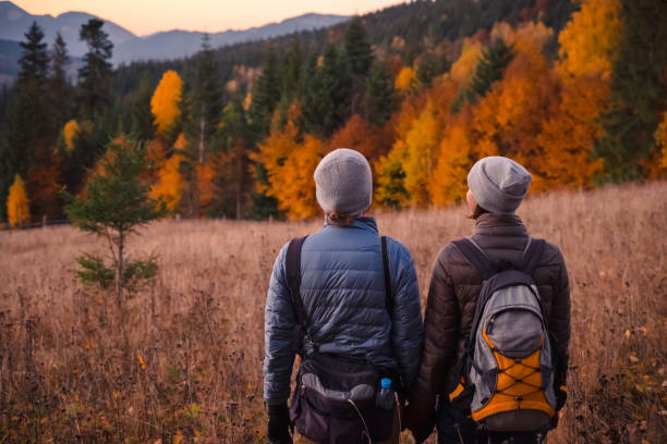 casal jovem desfrutando a linda floresta de outono nas montanhas - meadow autumn hiking mountain - fotografias e filmes do acervo