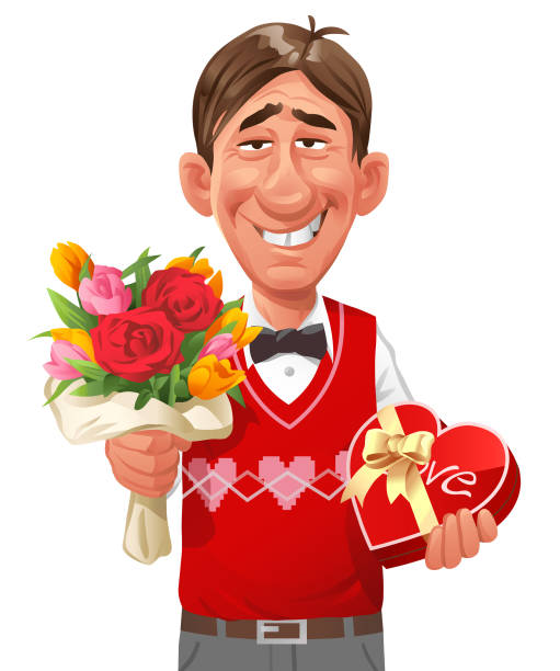 Nerd Guy In Love Vector illustration of an unattractive nerdy young man with a toothy smile and a bad hair style, holding a bunch of flowers and a heart shaped box of chocolates. Concept for Valentine's Day, love, dates, romance, blind dates, nerds and embarrassment. ugly cartoon characters stock illustrations