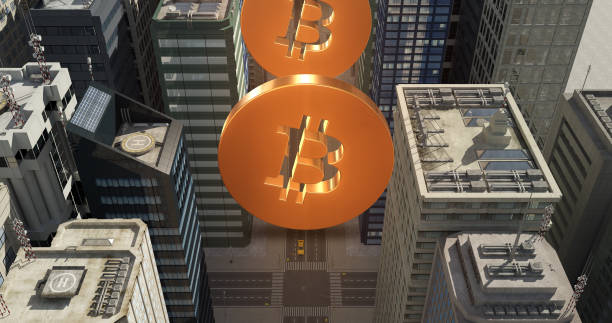 istock Bitcoin Cryptocurrency Sign In The City - Flight Over The Skyscrapers 1051239984