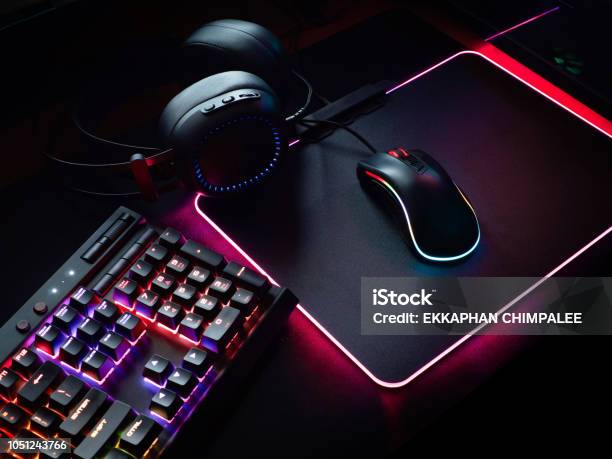 Gamer Workspace Concept Top View A Gaming Gear Mouse Keyboard With Rgb Color Joystick Headset Webcam Vr Headset On Black Table Background Stock Photo - Download Image Now