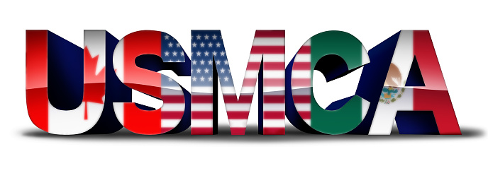 USMCA or the new NAFTA United States Mexico Canada agreement symbol with north america flags as a trade deal negotiation and economic deal fot the American Mexican and Canadian government's as a 3D illustration.