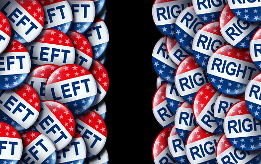 Left wing and the right vote badges as a united states election  or American voting concept as a symbol with conservative and liberal political campaign or US politics for government legislators and representatives as a 3D render.