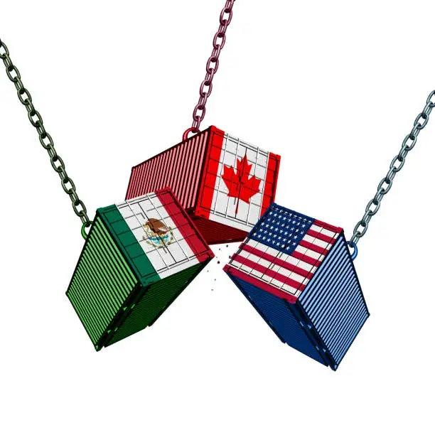 United States Mexico Canada trade agreement as the USMCA with cargo shipping containers joining together as an economic import and export deal as a 3D illustration.