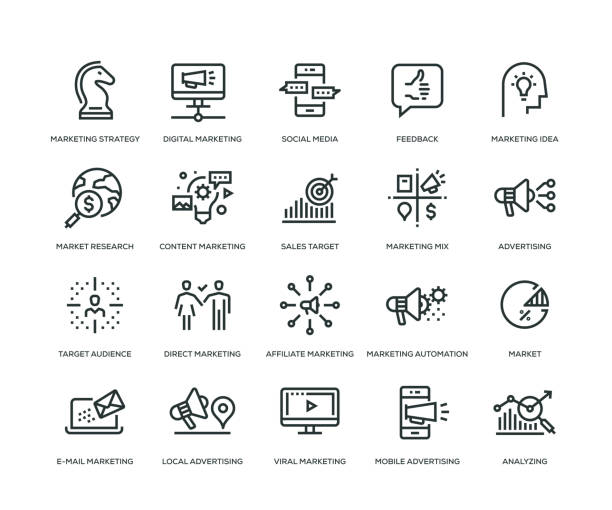 illustrations, cliparts, dessins animés et icônes de icônes de marketing - série en ligne - key marketing interface icons symbol