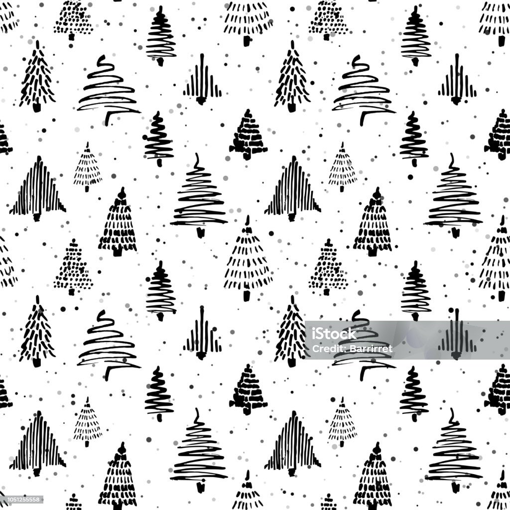 Christmass tree seamless pattern. Hand drawn doodle sketch drawing with ink. Christmass tree seamless pattern. Vector illustration. Black and white. Hand drawn doodle sketch drawing with ink. Design for wrapping gift paper and backgrounds. Winter holiday season Christmas stock vector