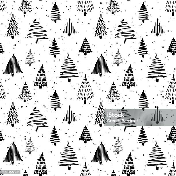 Christmass Tree Seamless Pattern Hand Drawn Doodle Sketch Drawing With Ink Stock Illustration - Download Image Now