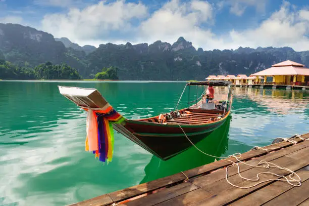 Long tail tourist boat on Cheow Lan lake, Ratchaprapha Dam, Khao Sok National Park, Surat Thani, the southern provinces of Thailand