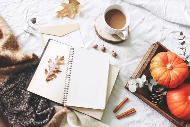 istock Autumn breakfast in bed composition. Card, notebook mockup. Cup of coffee, eucalyptus leaves, pumpkins on wooden tray. White linen background. Thanksgiving, halloween concept. Flat lay, top view. 1051258768