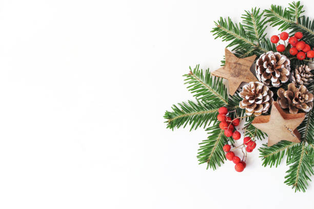 Christmas festive styled floral composition. Pine cones, fir tree branches, red rowan berries and wooden stars on white table background. Decorative frame, web banner. Flat lay, top view. Copy space. stock photo