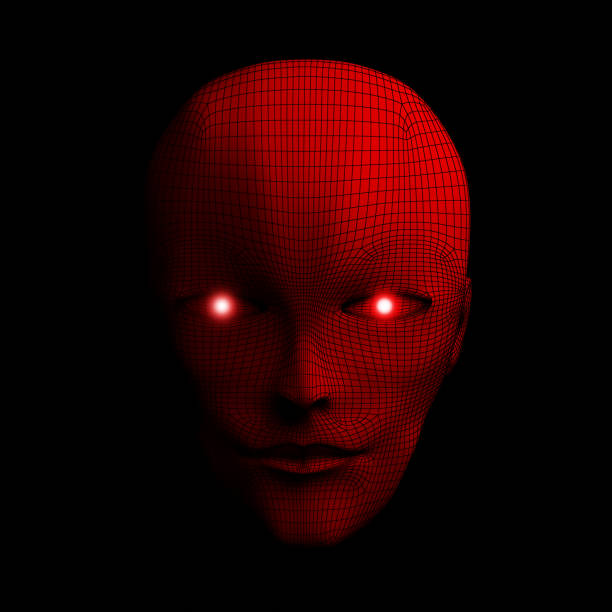 istock Red evil face on Halloween's day. Wireframe model isolated on black background, artificial intelligence in futuristic technology concept, 3d illustration 1051258870
