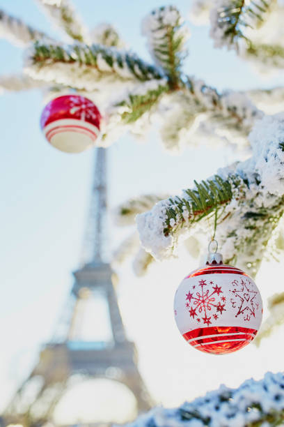 istock Christmas tree covered with snow near Eiffel tower 1051259084
