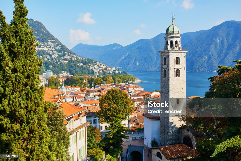 Old town of Lugano, canton of Ticino, Switzerland Scenic view to the old town of Lugano, canton of Ticino, Switzerland Lugano Stock Photo