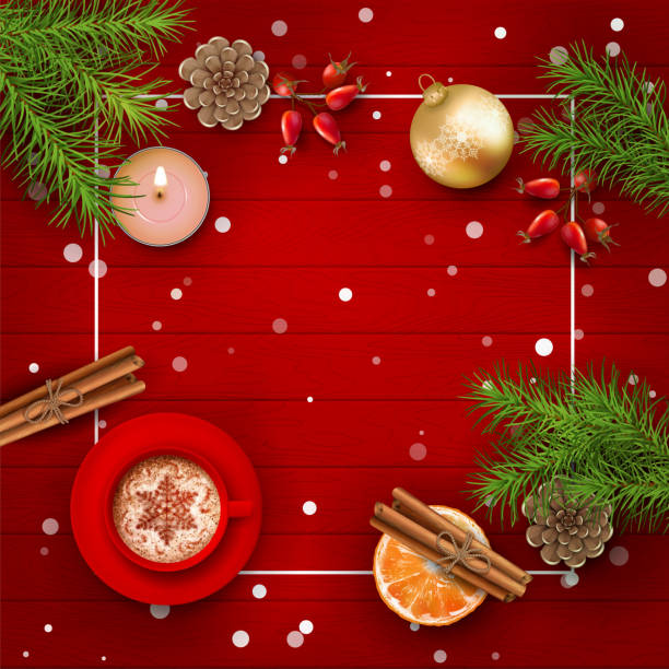 Christmas Vector Background Christmas vector top view background with spruce branches, Christmas gold ornament, candle and decorations on red wooden table branch plant part stock illustrations