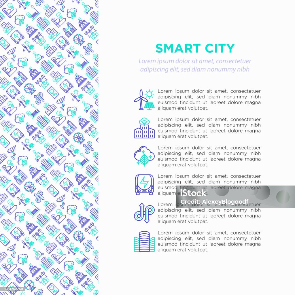 Smart city concept with  thin line icons: green energy, intelligent urbanism, efficient mobility, zero emission, electric transport, balanced traffic, CCTV. Vector illustration, print media template. Smart City stock vector