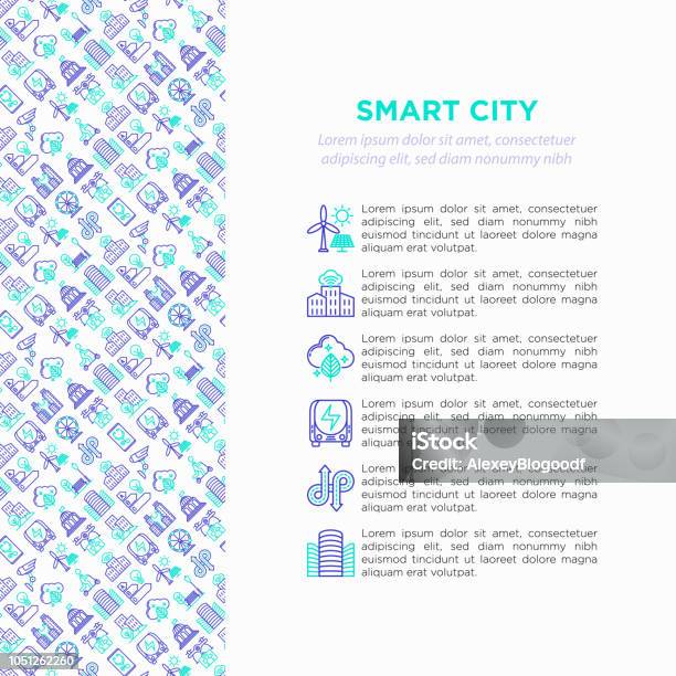 Smart City Concept With Thin Line Icons Green Energy Intelligent Urbanism Efficient Mobility Zero Emission Electric Transport Balanced Traffic Cctv Vector Illustration Print Media Template Stock Illustration - Download Image Now