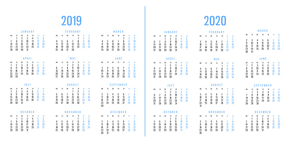 Calendars of 2019 and 2020, isolated on white