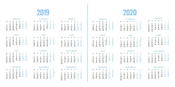 Calendars of 2019 and 2020, isolated on white