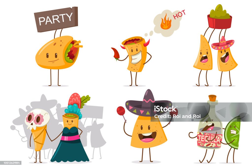 Funny Mexican food and drink vector set. Cute nachos, tequila, lime, burrito and taco cartoon character with different emotions isolated on a white background. Cute mexican food vector cartoon flat character set. Nacho Chip stock vector