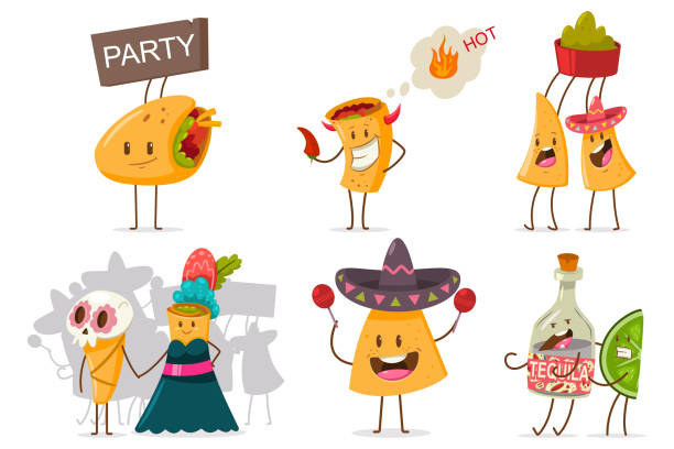 Funny Mexican food and drink vector set. Cute nachos, tequila, lime, burrito and taco cartoon character with different emotions isolated on a white background. Cute mexican food vector cartoon flat character set. nacho chip stock illustrations