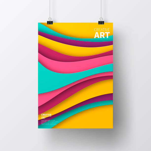 Poster with paper cut design, isolated on white background Realistic poster in vertical position with an modern and trendy background (Abstract design with wave shapes in a paper cut style - purple, pink, blue, green, turquoise, yellow, orange), isolated on white wall. Template for your design. With space for your text and your background. The layers are named to facilitate your customization. Vector Illustration (EPS10, well layered and grouped). Easy to edit, manipulate, resize or colorize. Please do not hesitate to contact me if you have any questions, or need to customise the illustration. http://www.istockphoto.com/portfolio/bgblue colorful page borders stock illustrations