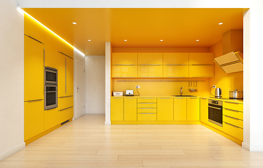 modern yellow color kitchen interior. 3d rendering design concept