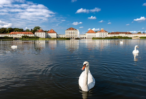 Munich, Germany - September 8th, 2018: The Nymphenburg Palace (Schloss Nymphenburg - Castle of the Nymphs) with the lake or pond. The palace was the main summer residence of the former rulers of Bavaria of the House of Wittelsbach. The palace was commissioned by the prince electoral couple Ferdinand Maria and Henriette Adelaide of Savoy to the designs of the Italian architect Agostino Barelli.