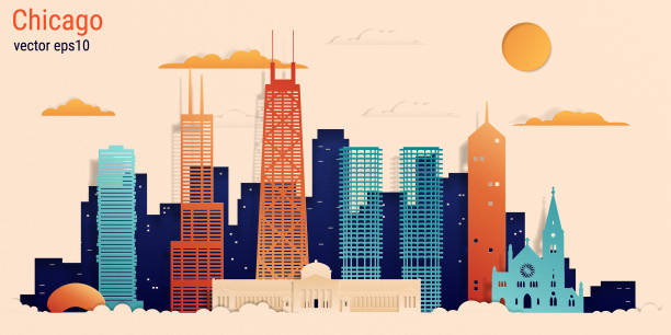 ilustraciones, imágenes clip art, dibujos animados e iconos de stock de corte de papel de colores de la ciudad de chicago estilo, ilustración stock vector - chicago