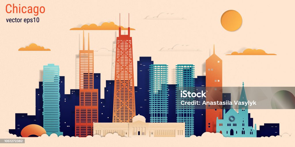 Chicago city colorful paper cut style, vector stock illustration Chicago city colorful paper cut style, vector stock illustration. Cityscape with all famous buildings. Skyline Chicago city composition for design Chicago - Illinois stock vector