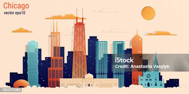 Chicago City Colorful Paper Cut Style Vector Stock Illustration Stock Illustration - Download Image Now