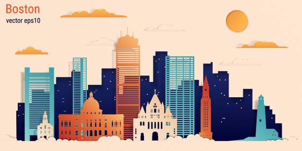 波士頓城彩色剪紙風格, 向量股票插畫。 - boston 幅插畫檔、美工圖案、卡通及圖標
