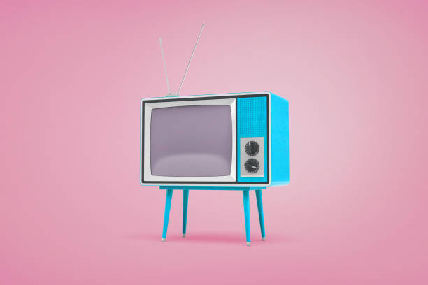 render 3d de una tv retro azul conjunto permanente en las piernas y con las antenas en posición superior sobre fondo rosa pastel. - 3dtv fotografías e imágenes de stock