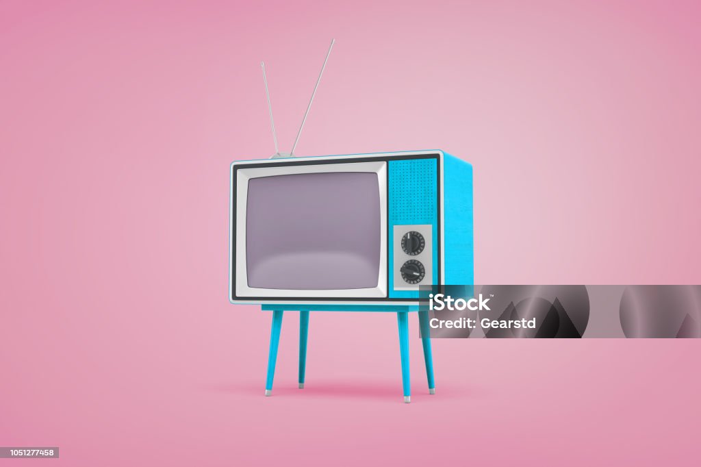 3d rendering of a blue retro TV set standing on legs and with antennas on top stand on pastel pink background. 3d rendering of a blue retro TV set standing on legs and with antennas on top stand on pastel pink background. Entertainment technologies. Retro style interior. Media sources. Television Set Stock Photo