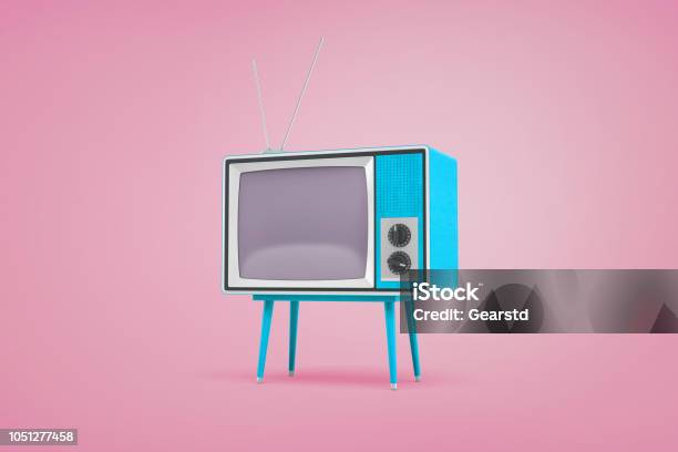 3d Rendering Of A Blue Retro Tv Set Standing On Legs And With Antennas On Top Stand On Pastel Pink Background Stock Photo - Download Image Now