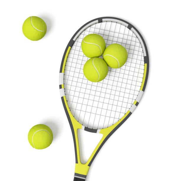 3d rendering a single tennis racquet lying with a yellow balls on white background. - tennis indoors court ball imagens e fotografias de stock