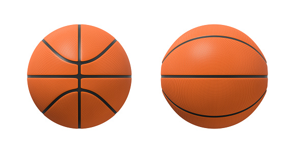 3d rendering of basketballs shown in different view angles on a white background. Team sport. Scoring game points. Net games.