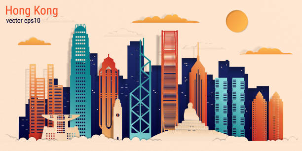 ilustrações de stock, clip art, desenhos animados e ícones de hong kong city colorful paper cut style, vector stock illustration - hong kong skyline panoramic china