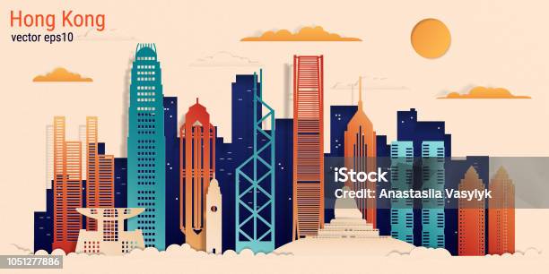 Hong Kong City Colorful Paper Cut Style Vector Stock Illustration Stock Illustration - Download Image Now