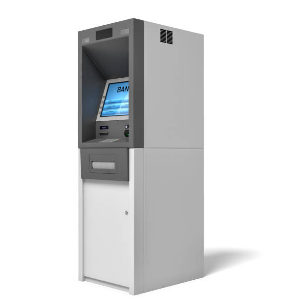 istock 3d rendering of an isolated bank ATM machine with a lit blue screen on white background. 1051277926