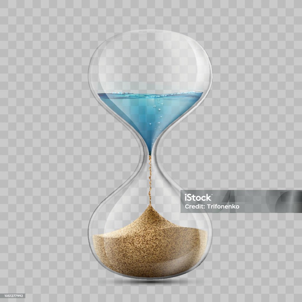 Agua en el reloj de arena se convierte en una arena. Reloj de arena aislado en fondo transparente. - arte vectorial de Reloj de arena libre de derechos