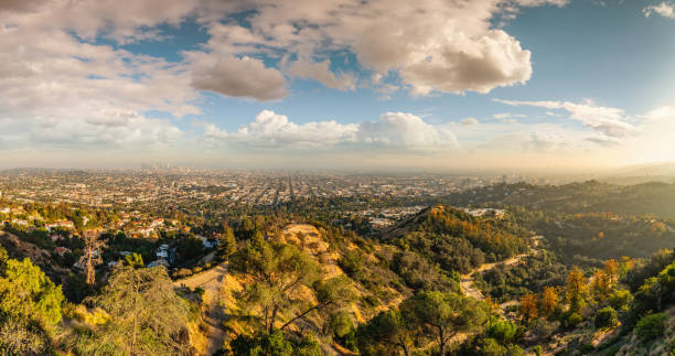 Los Angeles, Hollywood Hills. Hiking trails in sunset. Panoramic shot of Los Angeles Hollywood Hills seen from the Griffith Park Observatory. Great place to hike in Los Angeles. Nature, outdoor and healthy living concept. griffith park observatory stock pictures, royalty-free photos & images