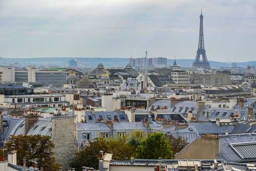 The roofs of Paris and its chimneys under a clouds sky, France, Europe