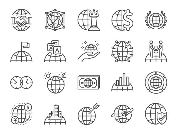 global business line-icon-set. enthalten symbole als weltklasse, internationale, finanzen, zusammenarbeit, strategie und vieles mehr. - computer icon airplane symbol transportation stock-grafiken, -clipart, -cartoons und -symbole