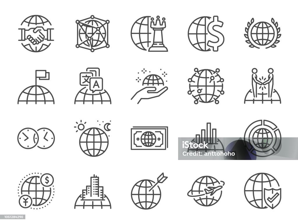 Global business line icon set. Included icons as world class, international, finance, cooperation, strategy and more. Icon Symbol stock vector