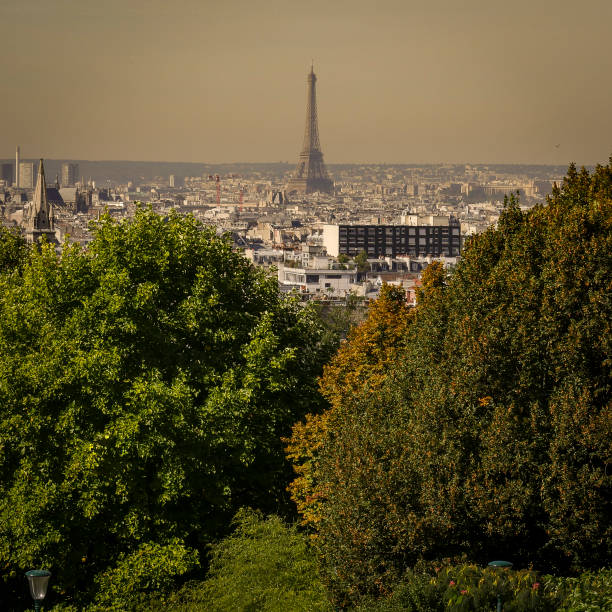 istock Pollution in Paris, aerial view of Eiffel Tower with smog in bac 1051288290